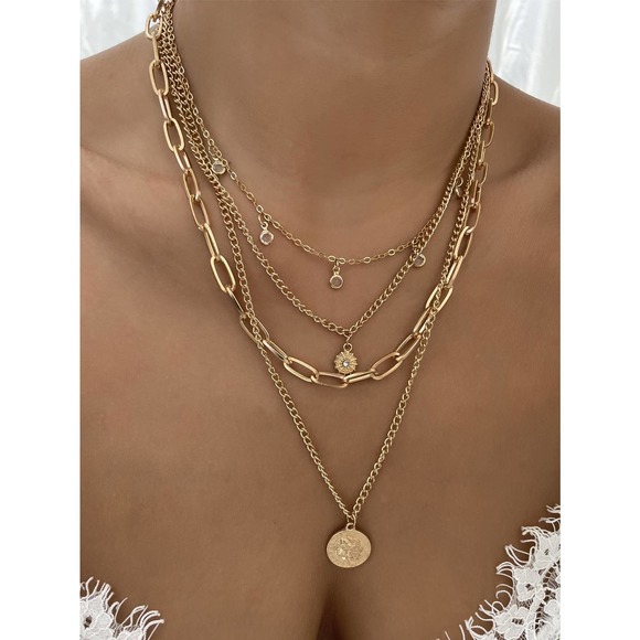 Round Pendant 4 piece Layered Necklace boho gold - Picture 4 of 10